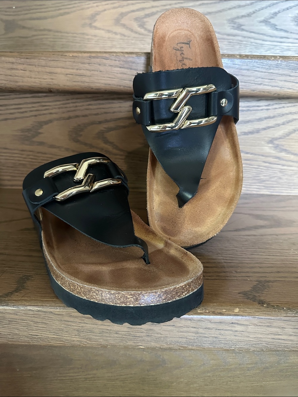 Black Thong Sandals with Gold Chain Accent - Women